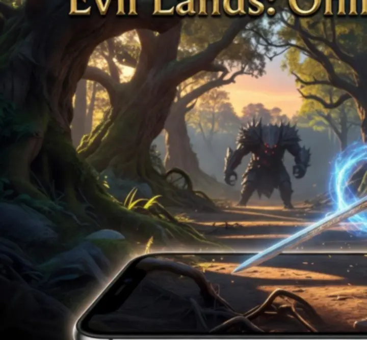 Evil Lands mobiljáték akciójelenet, harcos karakter szörnyek ellen egy fantasy világban.