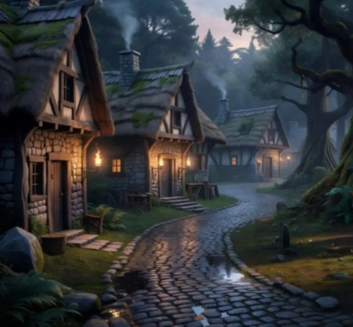 Evil Lands nyitott világ környezete, faluval és fantasy tájjal