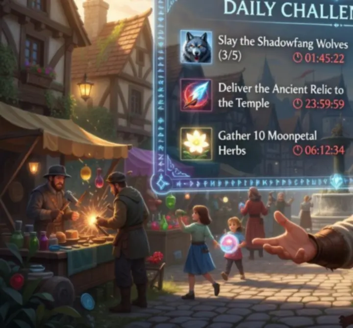 Napi kihívások és jutalmak kezelőfelülete az Evil Lands játékban